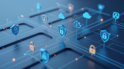 Minimal 3D roadmap illustrating cybersecurity career paths across security domains