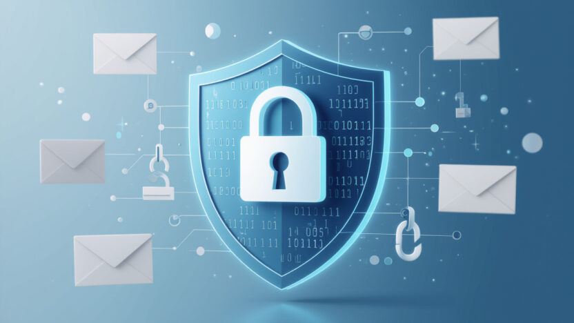 Phishing attacks protection with digital shield and secure email concept in 3D style
